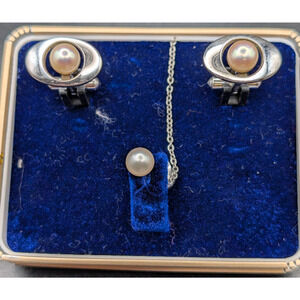 Vintage Akoya Pearl Cufflinks & Tie Tack Set Silver Marked